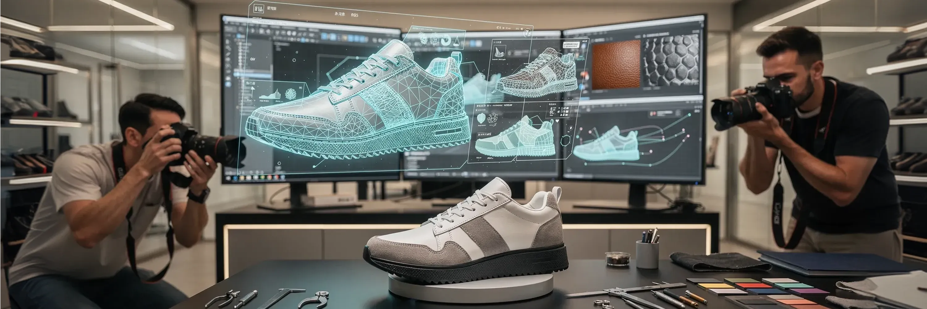 A footwear product is photographed while 3D modeling and digital design visualizations are displayed on screens, showcasing a modern product digitization workflow