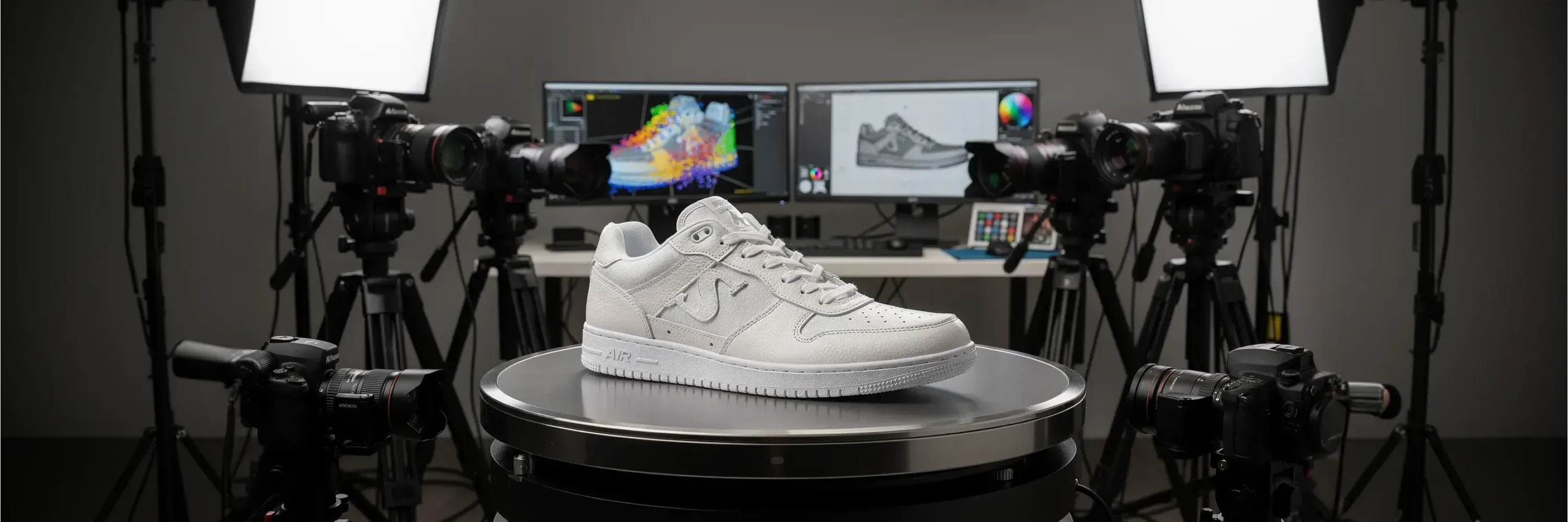 Professional 3D product photography studio setup with white sneaker on rotating platform, surrounded by multiple DSLR cameras on tripods and softbox lights, with dual computer monitors displaying image editing software in the background