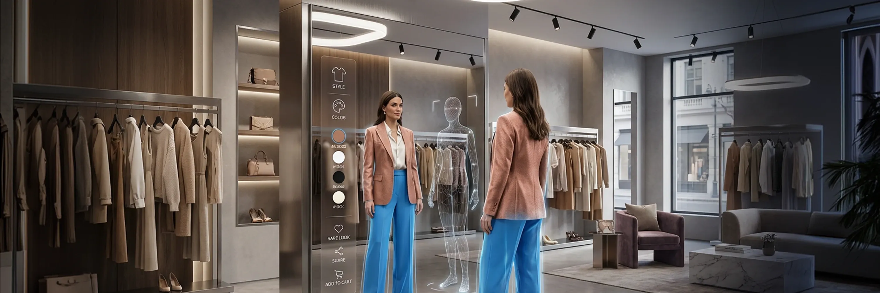 Customer using an AI-powered virtual fitting room mirror to try on clothing in a modern retail store