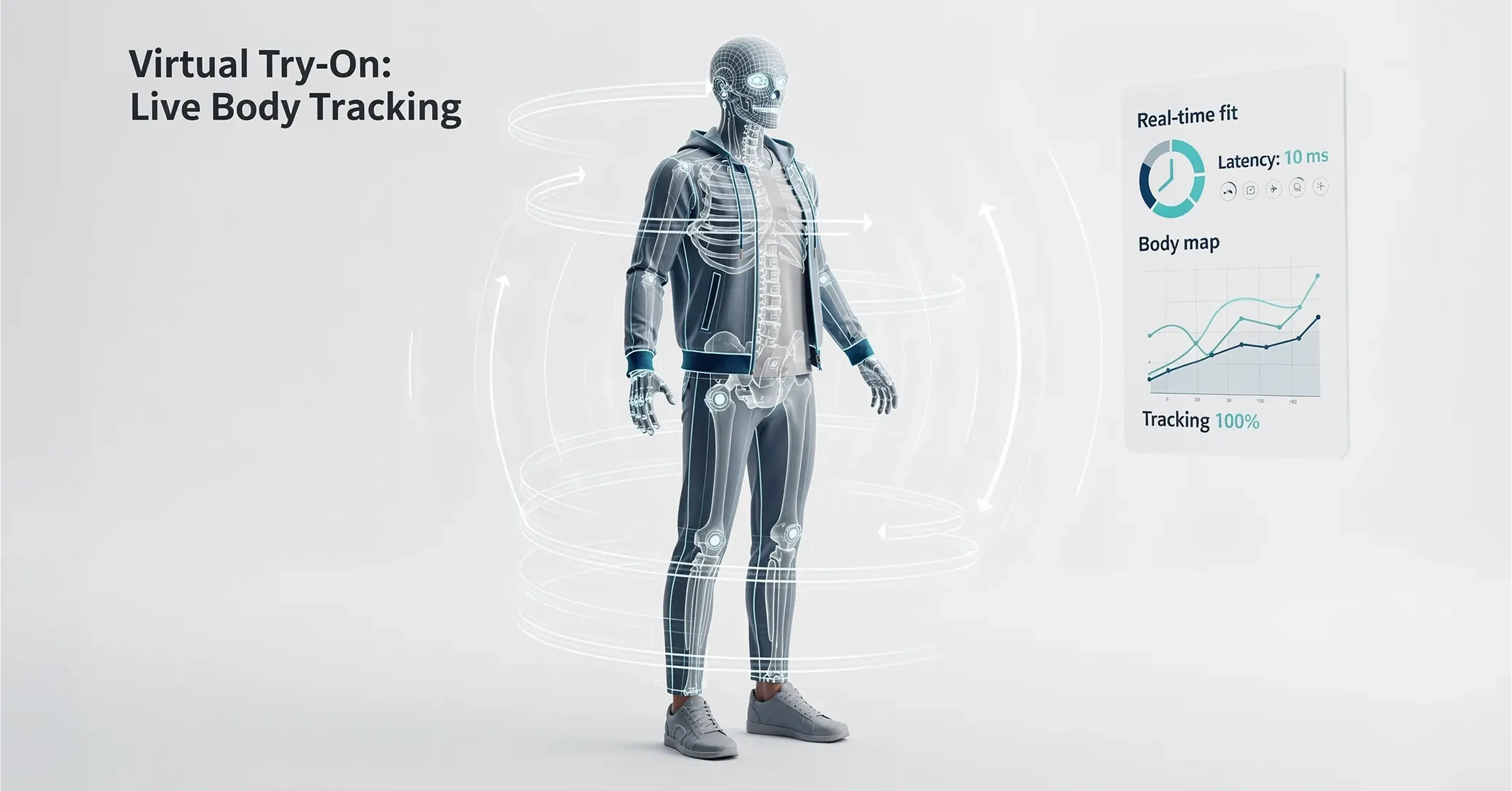 3D digital human model demonstrating AI-powered virtual try-on technology with live body tracking, real-time fit analysis, body mapping visualization, and low-latency garment simulation interface