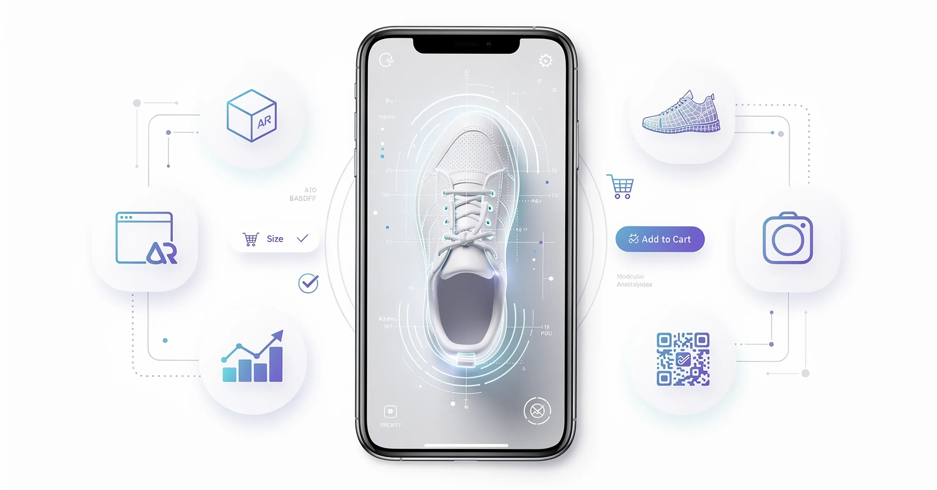 A mobile augmented reality shoe try-on interface showing virtual sizing, product visualization, and add-to-cart functionality for e-commerce
