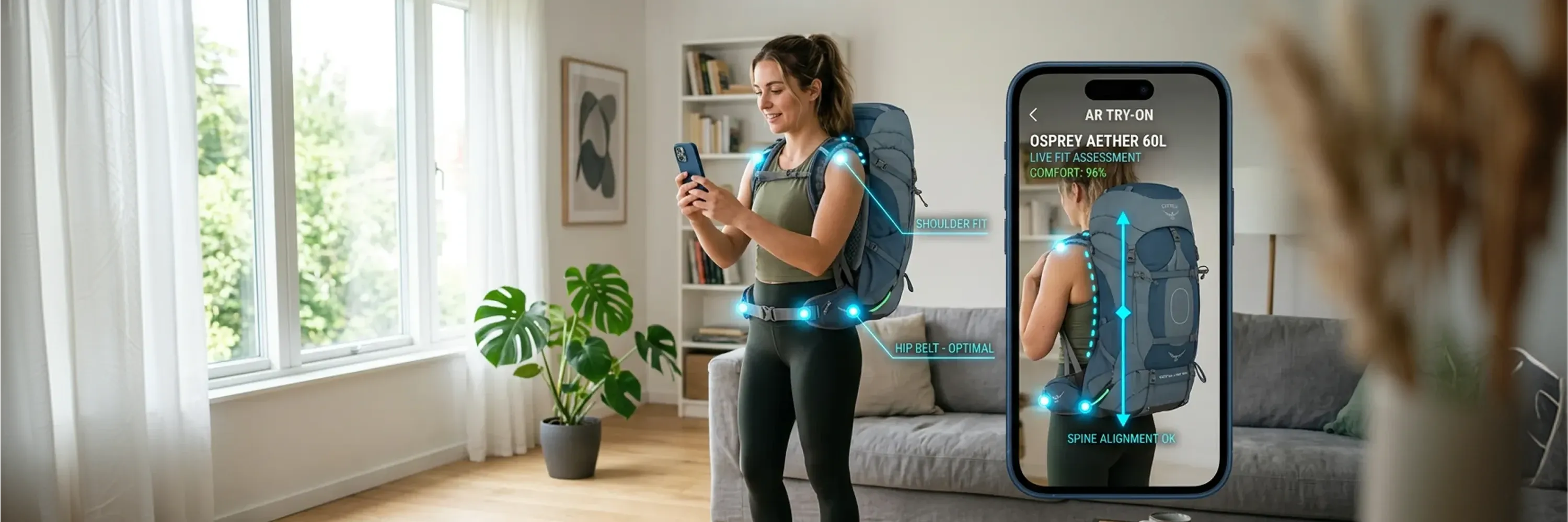 Woman using an augmented reality mobile app to assess backpack fit, showing shoulder alignment, hip belt positioning, and spine support.