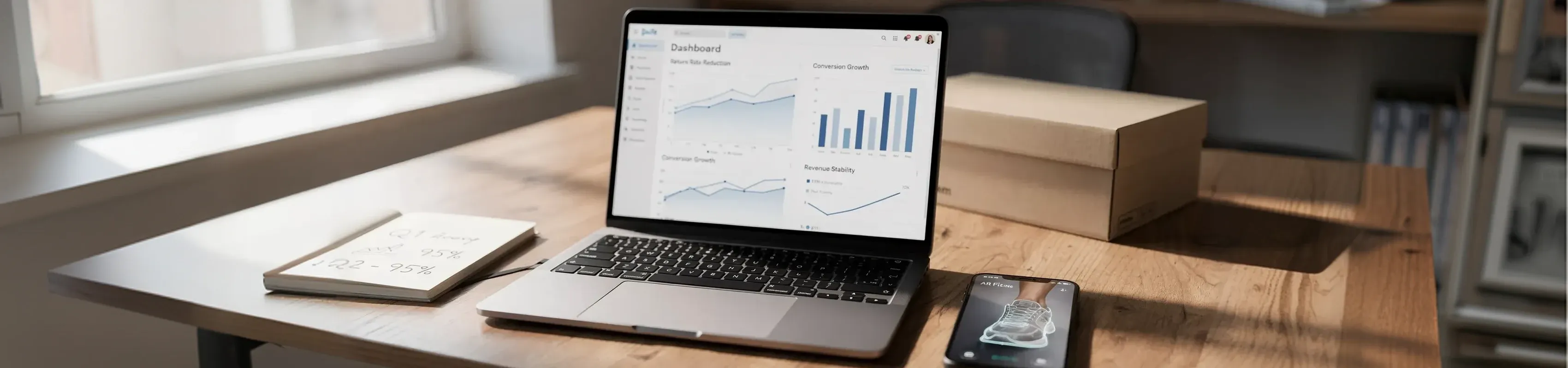 A modern ecommerce workspace showing a laptop with an analytics dashboard and a smartphone displaying AI-powered AR product fitting, illustrating data-driven online retail optimization