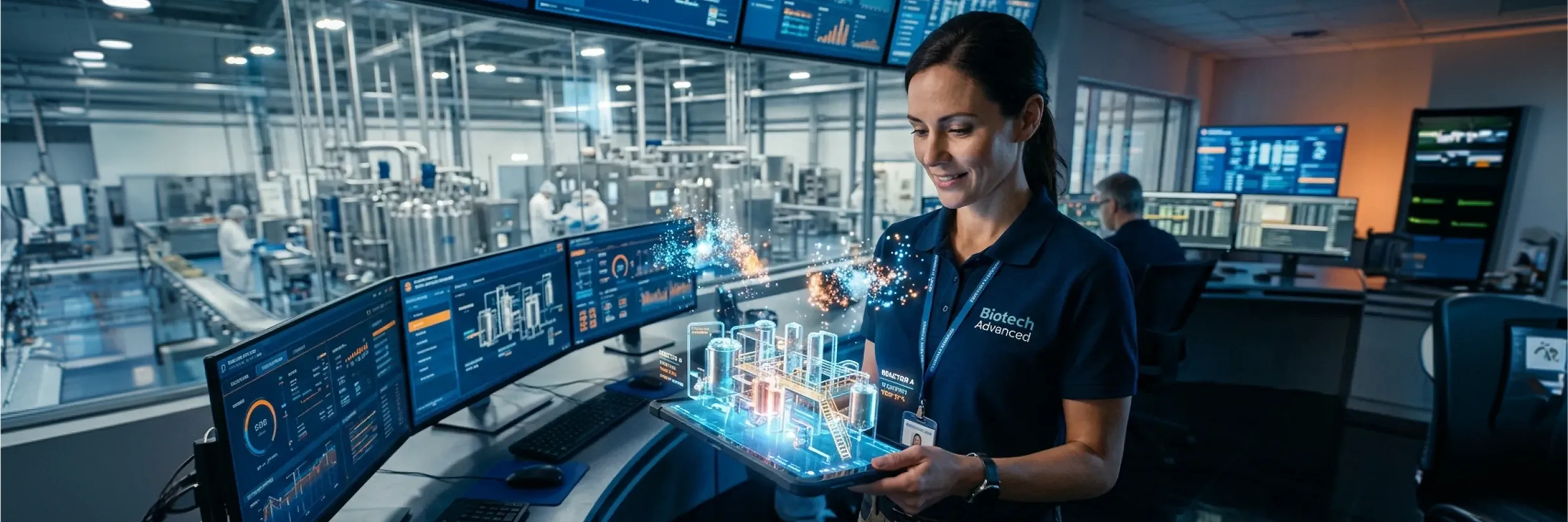 Engineer using a tablet with a digital twin model to monitor biotech manufacturing systems in a high-tech production control room