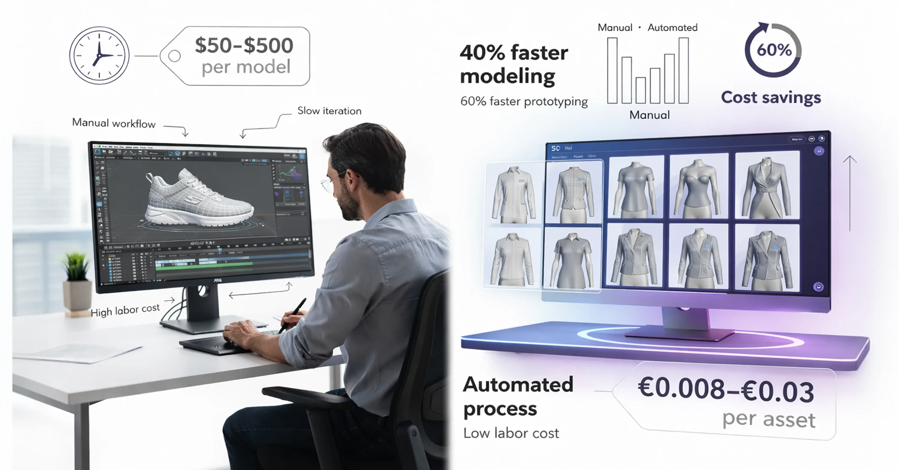 Comparison of manual vs automated 3D modeling for fashion assets, highlighting cost savings, faster prototyping, and reduced labor expenses through automation