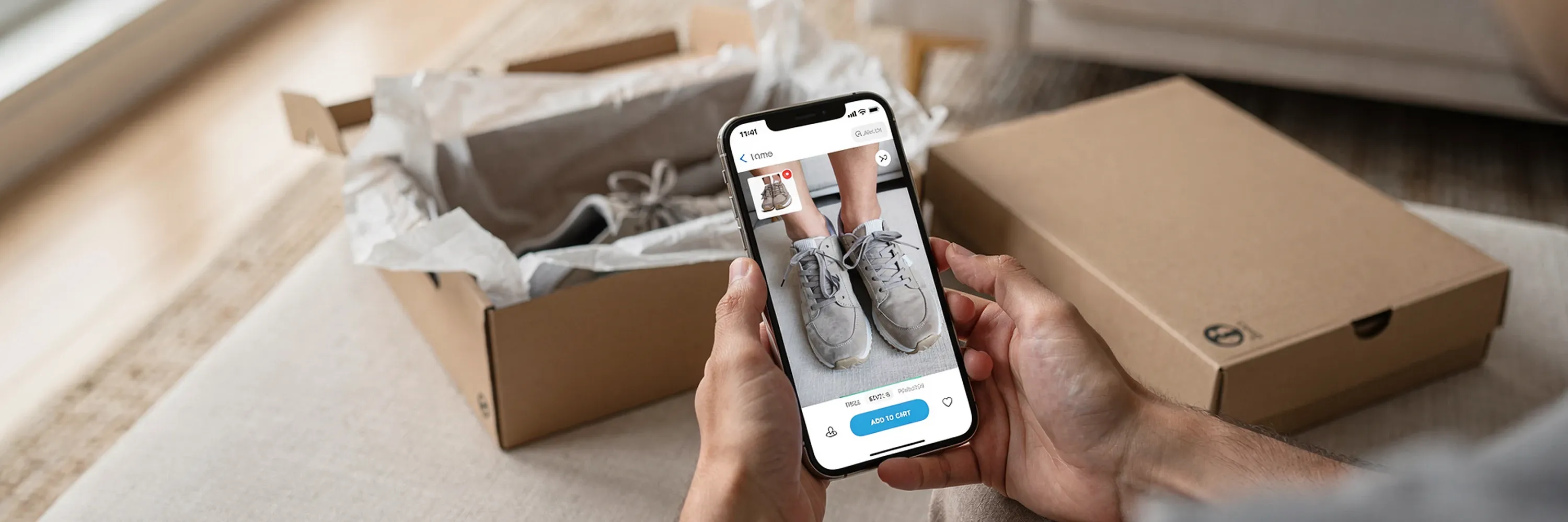 A person uses a mobile shopping app to view and purchase shoes while an open delivery box with the product sits nearby