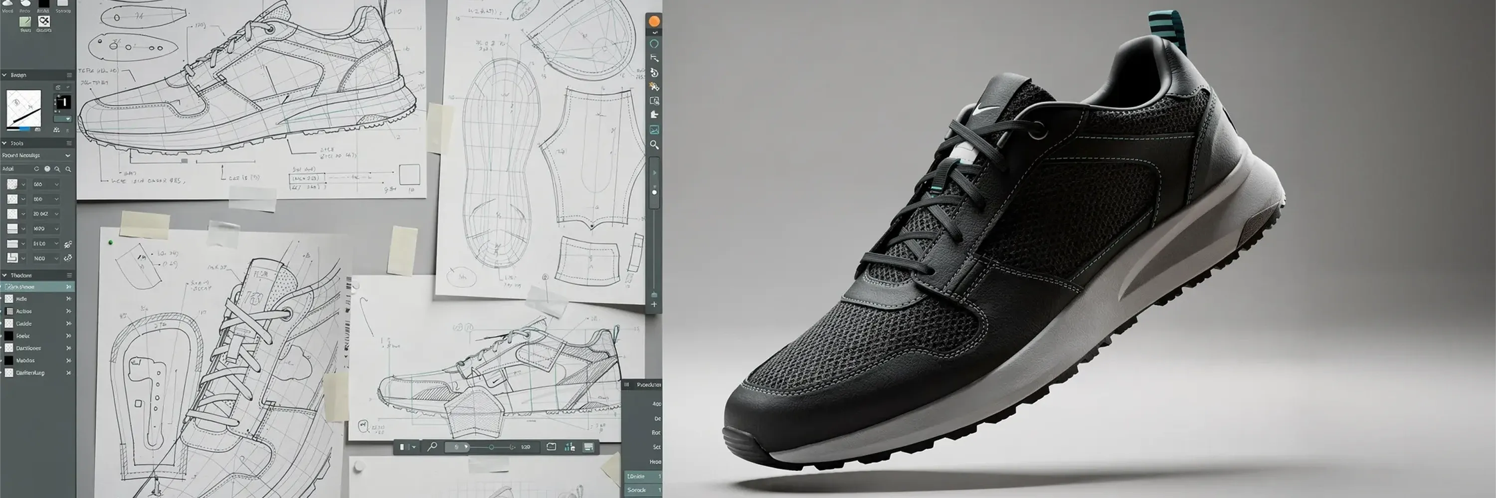 A realistic visualization of the product design process showing technical footwear sketches evolving into a finished athletic shoe, illustrating concept-to-production development